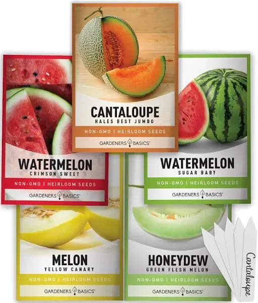 Melon Fruit Seeds for Planting Home Garden 5 Variety Packs - Hales Best Cantaloupe, Crimson Sweet Watermelon, Yellow Canary Melon, Green Flesh