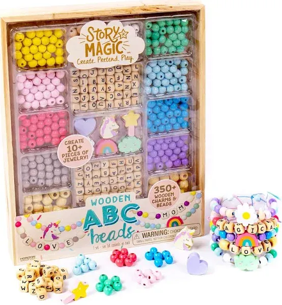 Story Magic Wooden ABC Bead Kit, Premium Wood Jewelry Making Kit, 350+ Wooden Beads & Charms for Beading Bracelets, Great for Playdates & Sleepovers, Arts & Crafts Kit Set for Kids Ages 4, 5, 6, 7