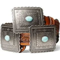 M&F Western Ariat Women's Turquoise Concho Belt, Tan, Pierced Strap with Large Rectangle Conchos