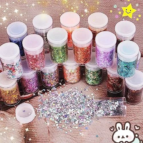 Linwulte Holographic Chunky and Fine Glitter Mix, 45 Colors Craft Glitter for Epoxy Resin Arts, Iridescent Nail Glitter, Cosmetic Eye Hair Face Body