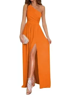 LYANER Women's One Shoulder High Split Sleeveless Ruched Sexy Cocktail Maxi Long Dress