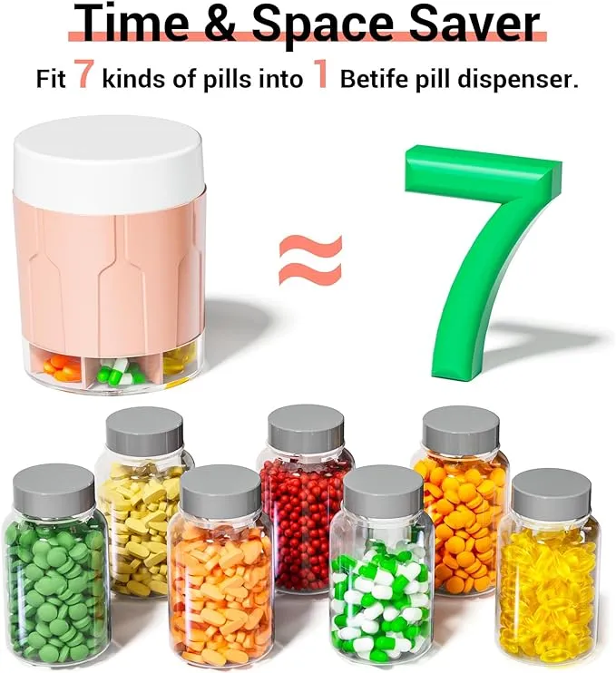 Extra Large Supplement Organizer,Betife Daily Weekly Pill Organizer Bottle, Pill Dispenser with 7 Large Compartments, Organizer to Hold Monthly Vitamin or Medication,Includes 21 Pcs Labels（Pink）