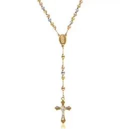 Savlano 14K Gold Plated Beaded Rosary Cross Necklace – 6.5MM Crucifix Cross Medallion Rosary Chain Y-Necklace for Women & Men Religious Jewelry