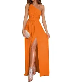 LYANER Women's One Shoulder High Split Sleeveless Ruched Sexy Cocktail Maxi Long Dress