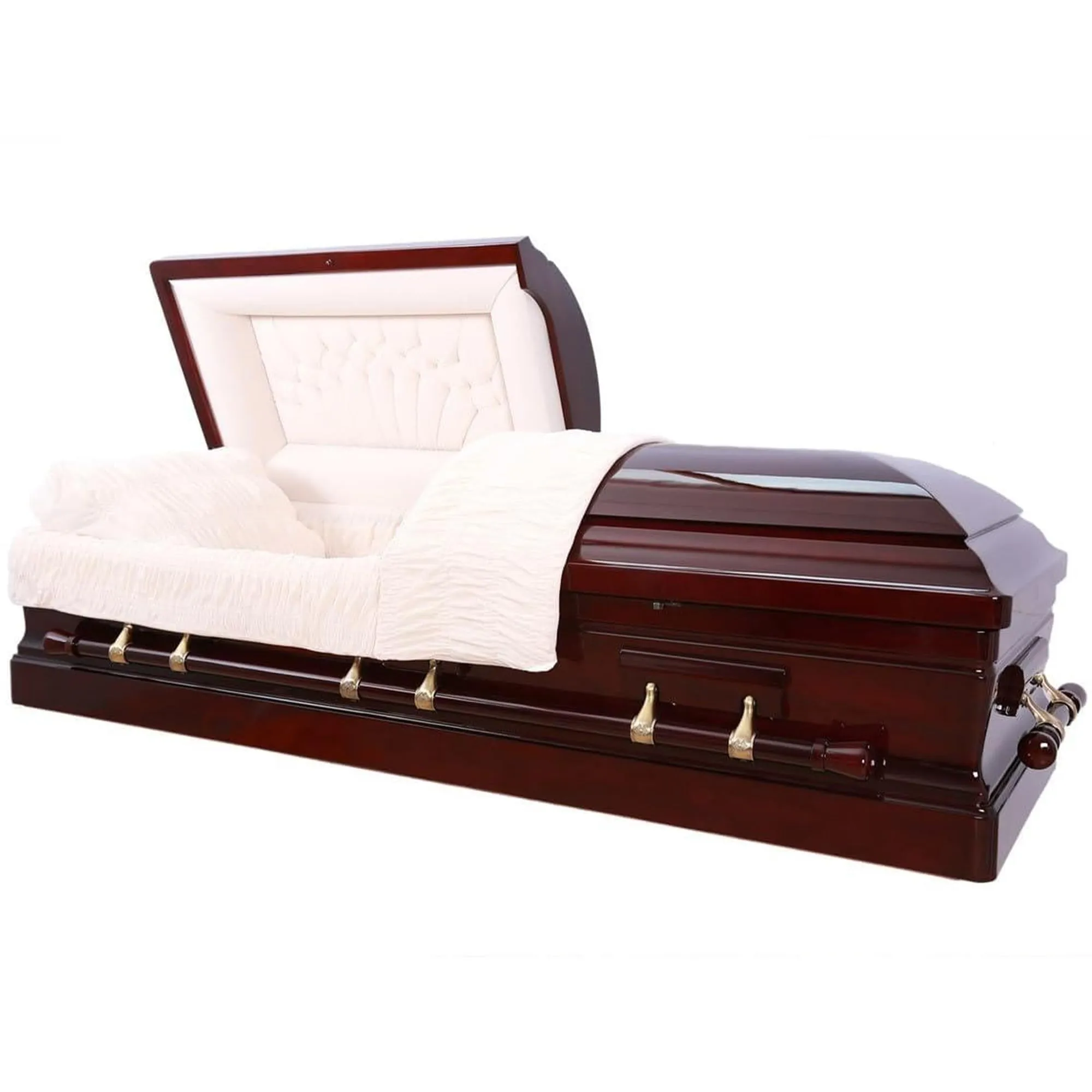 Overnight Caskets Presidential Mahogany Wood Funeral Casket Cherry w/Almond Interior - Solid Mahogany Wood - Fully Appointed Adult Casket | Featuring Handcrafted Mahogany Lumber with Pillow/Throw Set