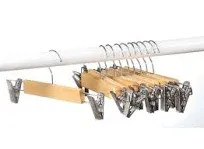 10 Pack Wooden Pants Hangers with Clips - Smooth Finish Solid Wood Skirt Hangers Space Saving - Natural Wood Color - Clip Hanger for Pant, Skirts, Shorts, Tanks, Blankets, and Dresses.