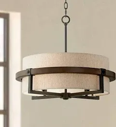 Pendant Light Fixture - 4 Light, Bronze and Wood Tan Fabric Drum Shade, Contemporary Pendant Light for Kitchen Islands, Living Rooms, Foyers, and Bedrooms - 22" Wide, 18" High