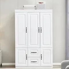 71''H Closet Wardrobe Closets 3 Doors Armoire Wardrobe Closet Wood White Storage Closet Wardrobe Cabinet Bedroom Armoires with Hanging Rod 2 Drawers Clothes Wooden Cabinet