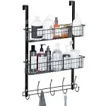 LUCYCAZ Over The Door Organizer Hanger, Door Towel Rack 5 Hooks with 2 Mesh Basket Behind Door Hooks Hanger Shelf, Back of Door