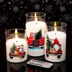 Red Truck Glass Christmas Flameless Candles with Remote and Flickering Battery Operated LED Pillar 