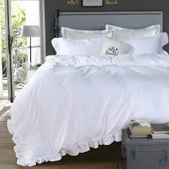 QSH White Ruffle Duvet Cover 100% Washed Cotton Farmhouse Shabby Boho Chic Bedding Comforter Quilt Cover 3 Pieces Vintage Aesthetic