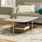 Walker Edison Hollin Mid Century Modern Square Marble Top Coffee Table, 32 Inch, Marble and Gold