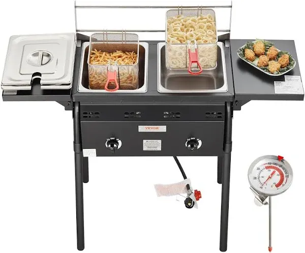 VEVOR 16 Qt Double Burner Outdoor Propane Deep Fryer Steel Cooker Dual Baskets