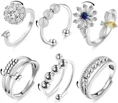 6 PCS Anti Anxiety Fidget Ring for Women, Adjustable Open Rings Rotatable Rings Calming Mood Rings, Cubic Zirconia Diamond Rings for Women Stress Relief