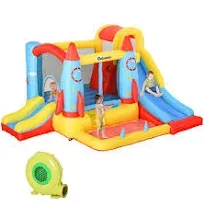 Outsunny Kids Inflatable Water Slide, 4-in-1 Bounce House Jumping Castle with 2 Slides, Climbing Wall, Trampoline, & Water Pool Area, Air Blower