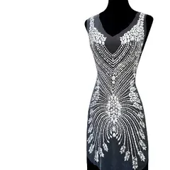 Succi Shan Hand Beaded Embroidered Long Large Heavy Crystal Sequin Rhinestone Applique Trim Neckline Dress