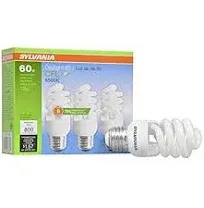 SYLVANIA CFL T2 Twist Light Bulb, 60W Equivalent, Efficient 13W, E26 Medium Base, 6500K Daylight, 3 pack