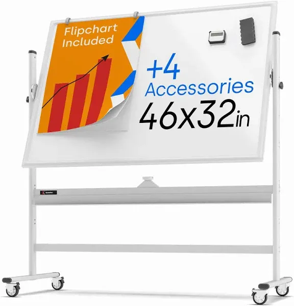 Rolling Dry Erase Board 24 x 48 - Large Portable Magnetic Whiteboard with Stand - Double Sided Easel Style Whiteboard with Wheels - Mobile Standing