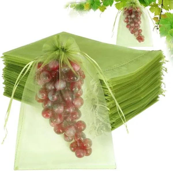 100pcs Fruit Protection Bags 8x12 inch, Green Netting Cover Bags Drawstring Mesh Fruit Protectors Pest Barrier for Grapes Mango Fruit Trees Veggies Garden