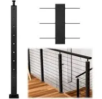 Muzata Level drilled Cable Railing Post 36"x2"x2" Adjustable Top Stainless Steel Black Finish Wood Concrete Level