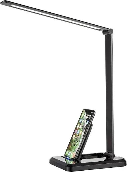 Fugetek LED Desk Office Lamp with Wireless Charger & USB Charging Port, Touch Control, 5 Lighting Modes, 30/60 Min Auto Timer, Eye-Caring, Dimmer, Black