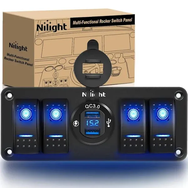 Nilight 4 Gang Rocker Switch Panel with USB Charger Voltmeter Waterproof 12V DC Rocker Switch with PD Type C and QC 3.0 USB Charger and Night Glow Stickers for Cars Trucks Boats RV