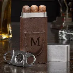 HomeWetBar Monogrammed Travel Cigar Case with Cigar Cutter