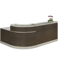 Esquire Modern Reception Desk 79"W x 63"D White Laminate/Silver Laminate Front Desk Kickplate and Accents/Checkout Counter Glass Top