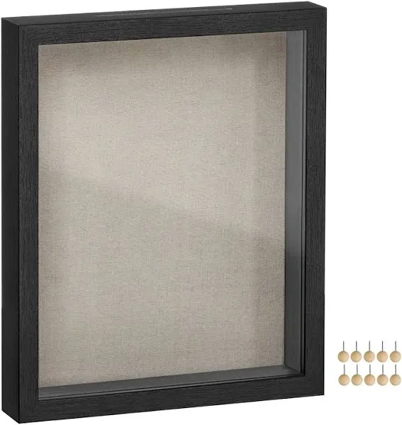 SONGMICS Shadow Box Frame, 8x10 Black Box Frame Display Case with Top Slot and Stick Pins, Wood Picture Frames with Linen Back for Photos Medals Awards Memory, Wall Hanging Tabletop