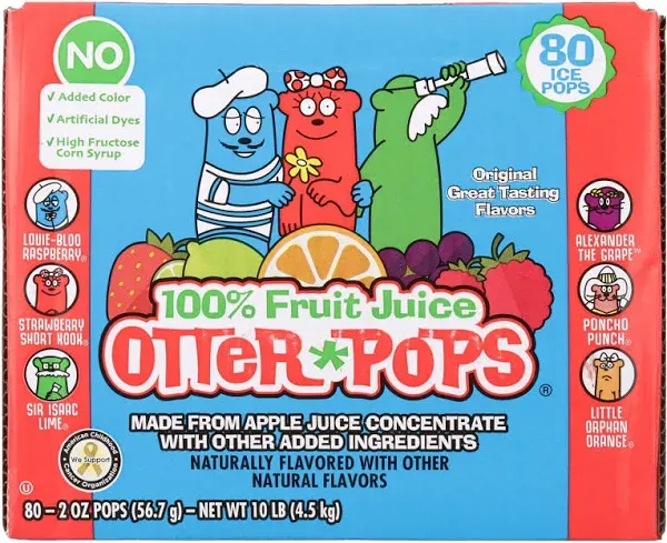 Otter Pops, 100% Juice, Clean Label, Freezer Pops, 2 oz, 80 Count