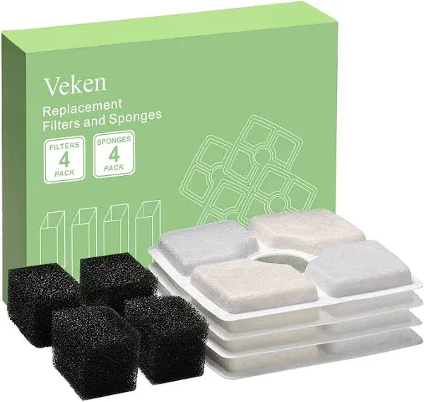 Veken 4 Pack Replacement Filters & 4 Pack Replacement Pre-filter Sponges for Automatic Pet Fountain Cat Water Fountain Dog Water Dispenser