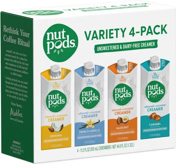 nutpods Variety Pack Coffee Creamer - Unsweetened Non Dairy Creamer - Original, French Vanilla, Hazelnut and Caramel - Keto Creamer, Whole30, Gluten Free, Non-GMO, Vegan, Sugar Free, Kosher (4-Pack)