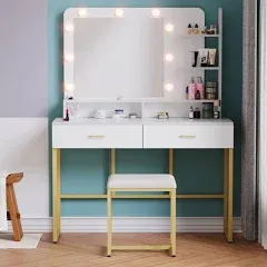 Vanity Set with Lighted Mirror,Vanity Desk with 2 Drawers,Makeup Vanity Dressing Table with 9 Lights for Women, Dresser Desk Vanity Set for Bedroom,with Cushioned Stool,Gold (White)