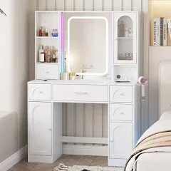 Veanerwood White Vanity Desk with Mirror, Lights, Makeup Vanity, RGB Lights, Power Strip