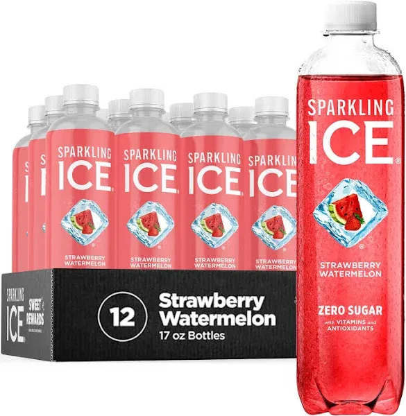 Sparkling Ice, Strawberry Watermelon Sparkling Water, Zero Sugar Flavored Water, with Vitamins and Antioxidants, Low Calorie Beverage, 17 fl oz Bottles (Pack of 12)