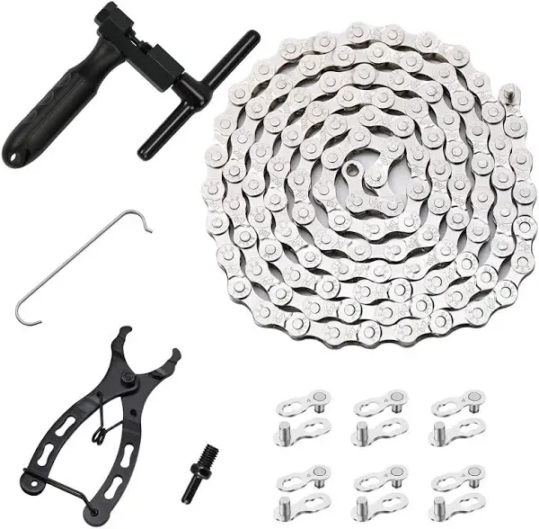 Bike Chain Kit, 9 Speed Multi-Function Bike Mechanic Repair Kit, Chain Breaker and Bike Link Plier with Hook and 6 Pairs Bicycle Buckle, Reusable (9 Speed Bike Chain Kit)