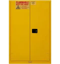 Durham FM Approved 1045M-50 Welded 16 Gauge Steel Flammable Safety Manual Door Cabinet, 2 Shelves, 45 gallons Capacity, 18" Length x 43" Width x 65" Height, Yellow Powder Coat Finish