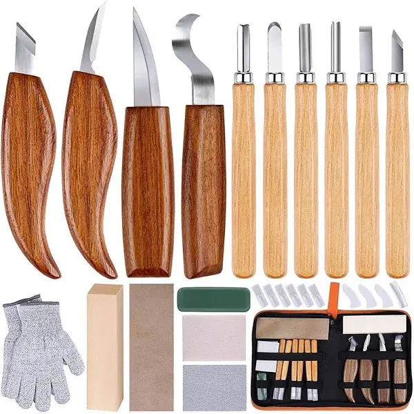 Olerqzer 26-in-1 Wood Carving Kit with Detail Wood Carving Knife, Whittling Knife, Wood Chisel Knife, Gloves, Carving Knife Sharpener for Spoon, Bowl, Kuksa Cup (26PCS)