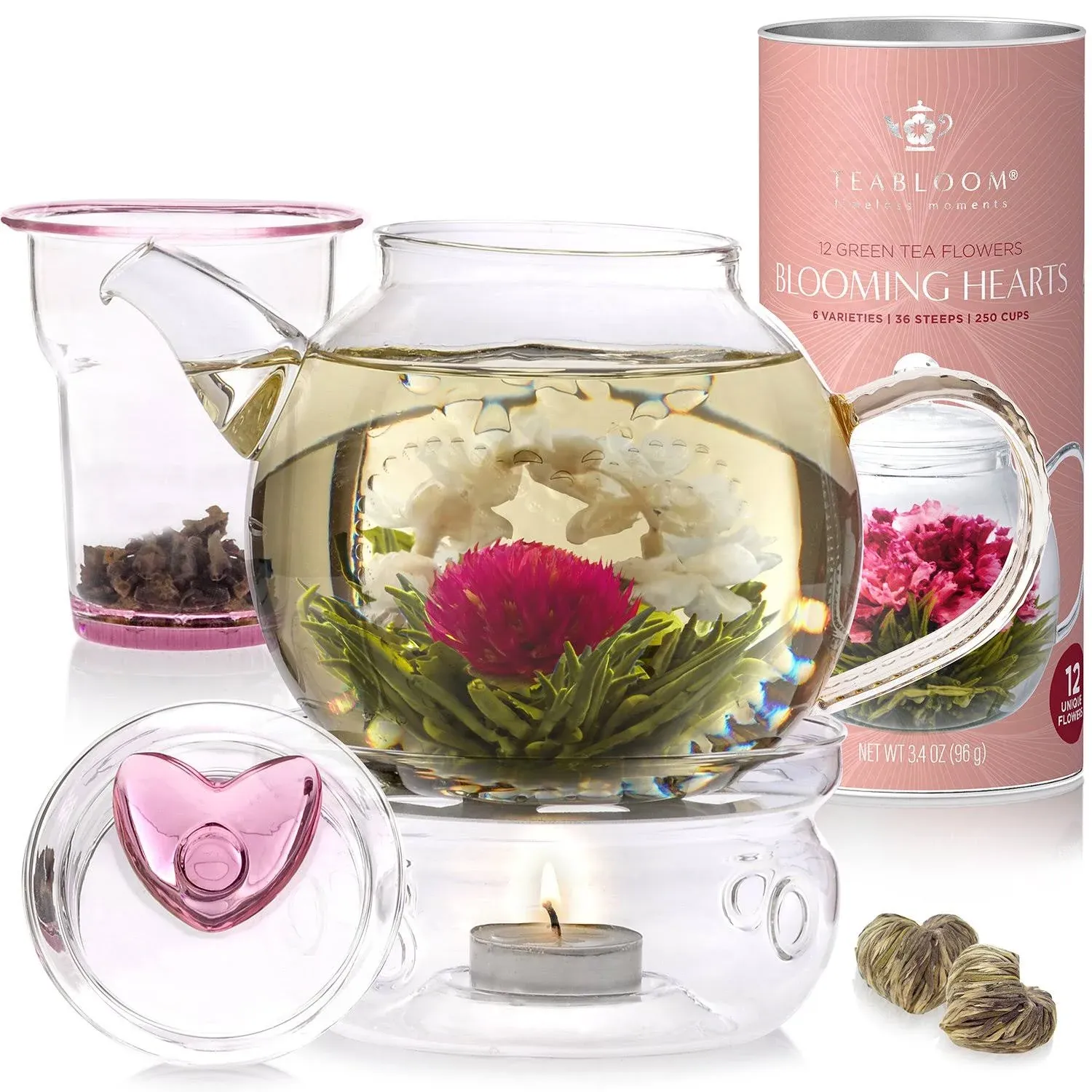 Love Flowering Tea Gift Set - Glass Teapot (36 oz), Heart-Topped Lid, Tea Warmer