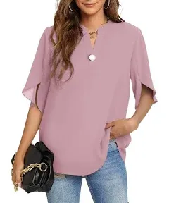 Funlingo Women's Summer Tops Short Sleeve Casual Shirts V Neck Chiffon Dressy Blouse Tops