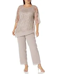 Le Bos Women's Plus Size Stretch Lace Beaded Round Neck Knit 2-Piece Pant Set