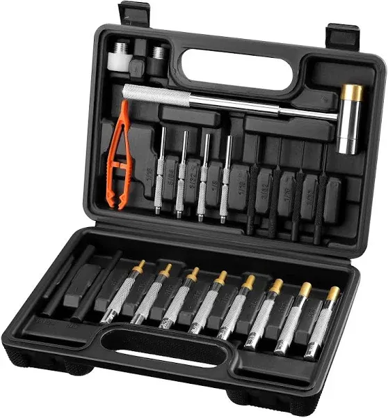 Complete Brass, Hollow, Steel, and Plastic Punch Set with Interchangeabl<wbr/>e Hammer