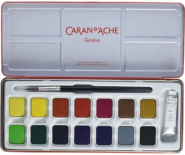 Caran d&#039;Ache Gouache Studio Set Gouche Cake Paint Brush Metal Tin Artist Set