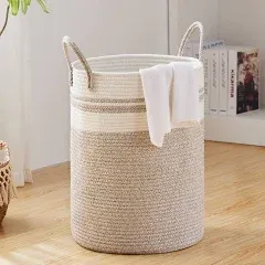 58L Large Woven Laundry Hamper by Fiona's Magic, Tall Cotton Rope Storage Basket, Jute Baby Nursery Hamper for Blankets, Toys and Clothes in Bedroom