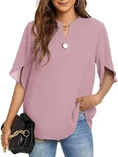 Funlingo Women's Summer Tops Short Sleeve Casual Shirts V Neck Chiffon Dressy Blouse Tops