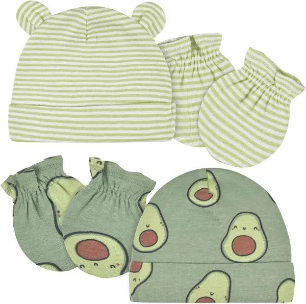 Gerber® 4-Piece Baby Neutral Green &amp; White Avocado Caps &amp; No Scratch Mittens Set