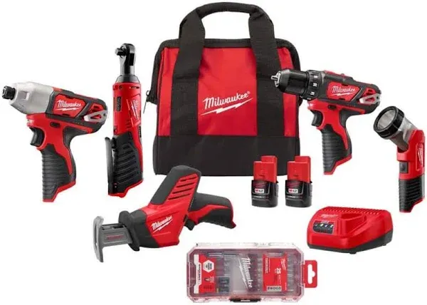 Milwaukee M12 12V Lithium-Ion Cordless 5-Tool Combo Kit w/SHOCKWAVE IMPACT DUTY Bit Set