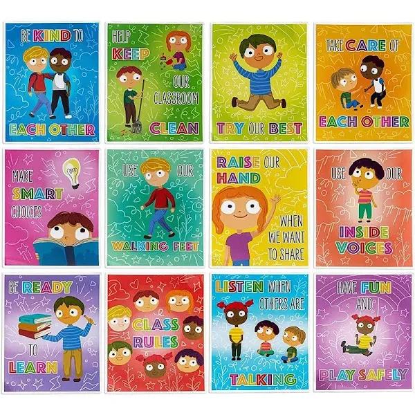 Class Rules Posters for Preschool, Teacher Classroom Supplies (12 Pack)