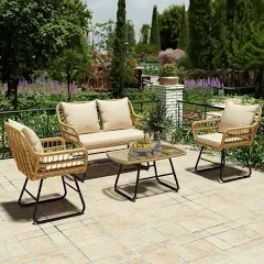 Dextrus 4-Piece Patio Furniture Wicker Outdoor Bistro Set, All-Weather Rattan Conversation Loveseat Chairs for Backyard, Balcony and Deck with Soft