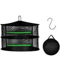 iPower 2ft 2-Layer Foldable Herb Mesh Rack Hanging Drying Net with Zippers Heavy Duty Ring for Hydroponic Plant, Free Storage Bag and Hook Included, for Herbs Petals Plants Vegetables Fruits